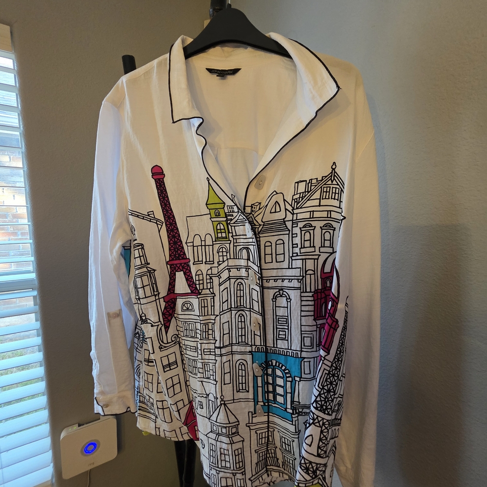 John Mark White Blouse with Colorful Cityscape Design. 26" long.  Chest is 21".